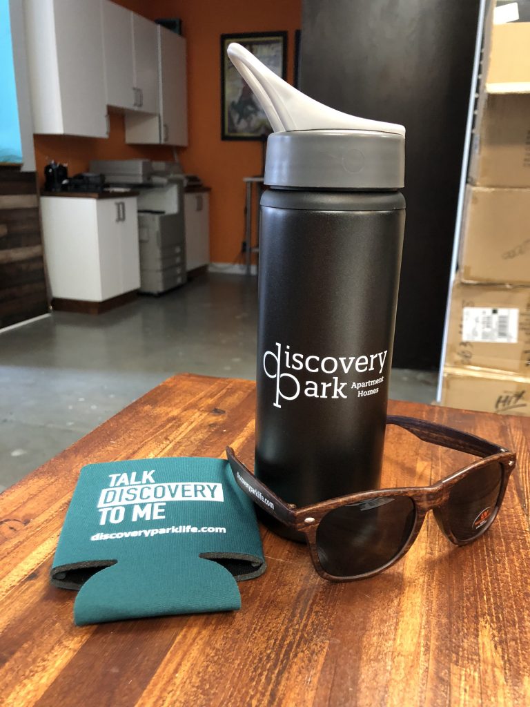 A bottle with Discovery Park logo on it.