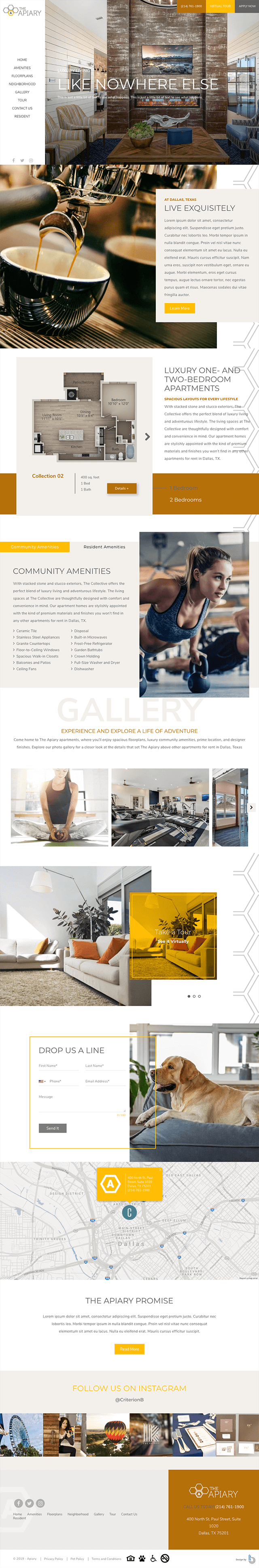 Full-page screenshot of the Apiary apartment property website built by Swifty