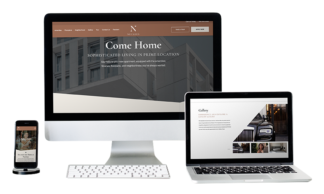 Apartment website shown on a desktop monitor, laptop and phone for the rebate program