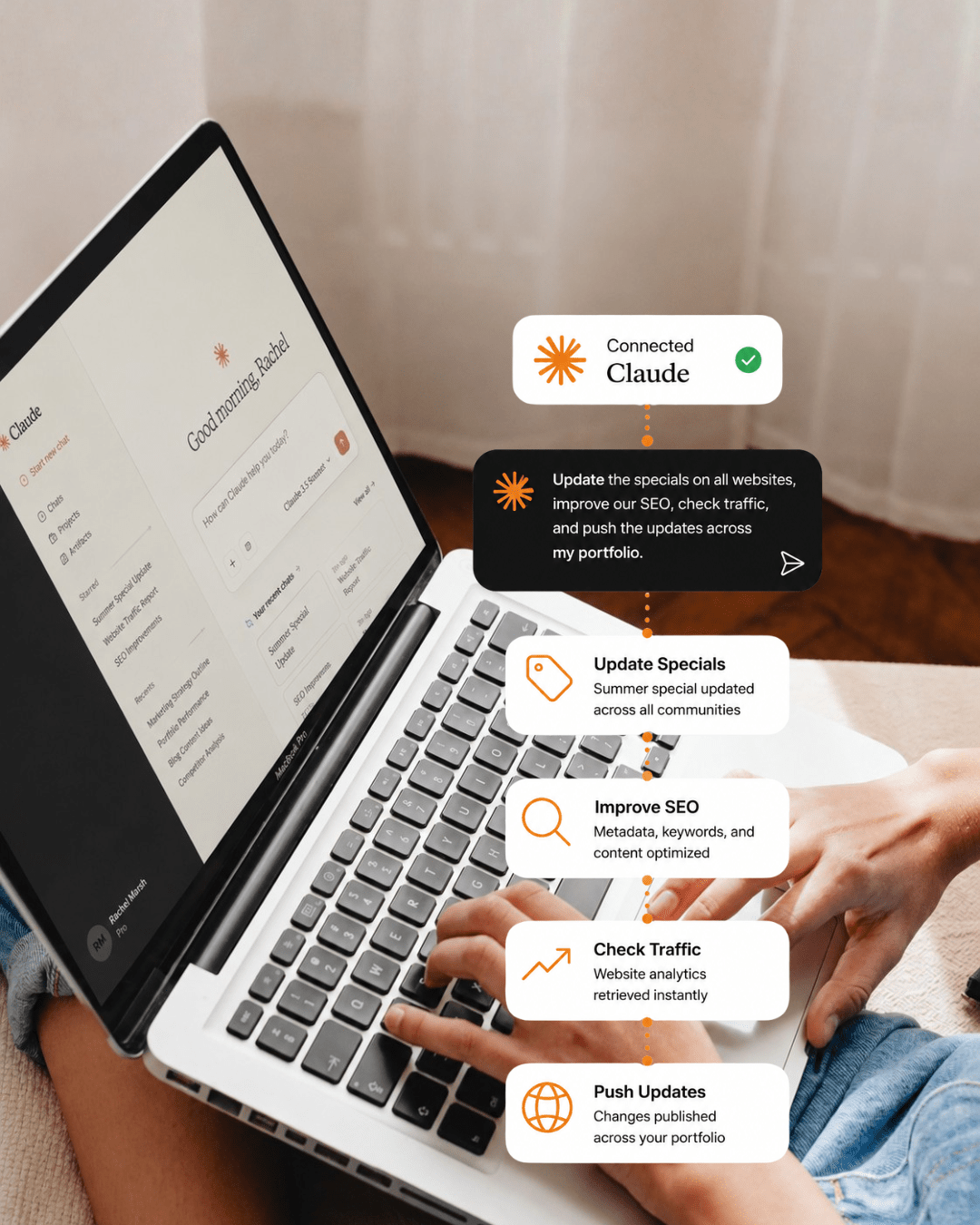 Laptop with Claude connected to a Swifty site, updating specials, improving SEO, checking traffic and pushing updates