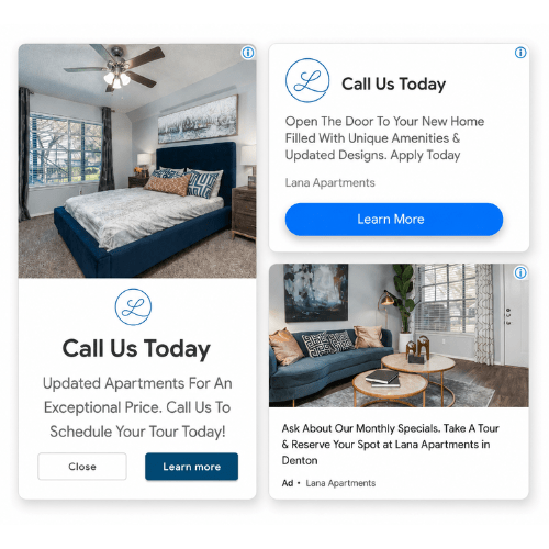 Google Ads examples for Lana Apartments with a bedroom photo, Call Us Today headline and Learn more button