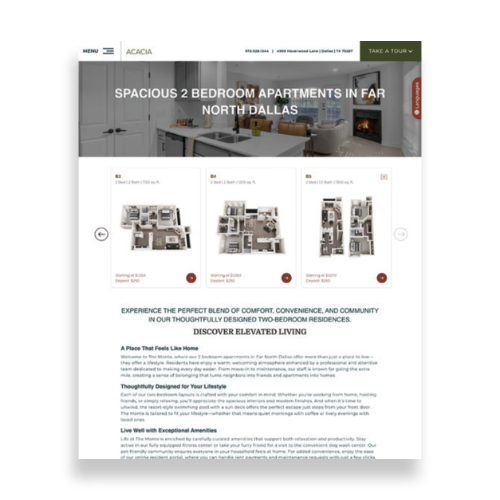 Hyper-effective local page example for a Far North Dallas apartment community with floor plans and copy