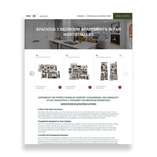 Hyper-effective local page example for a Far North Dallas apartment community with floor plans and copy