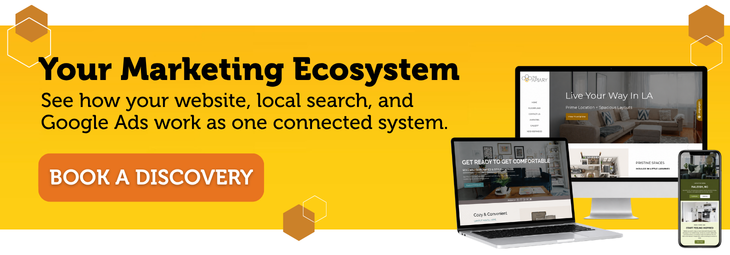 Banner for Swifty's connected marketing ecosystem of website, local search and Google Ads with a Book a Discovery button