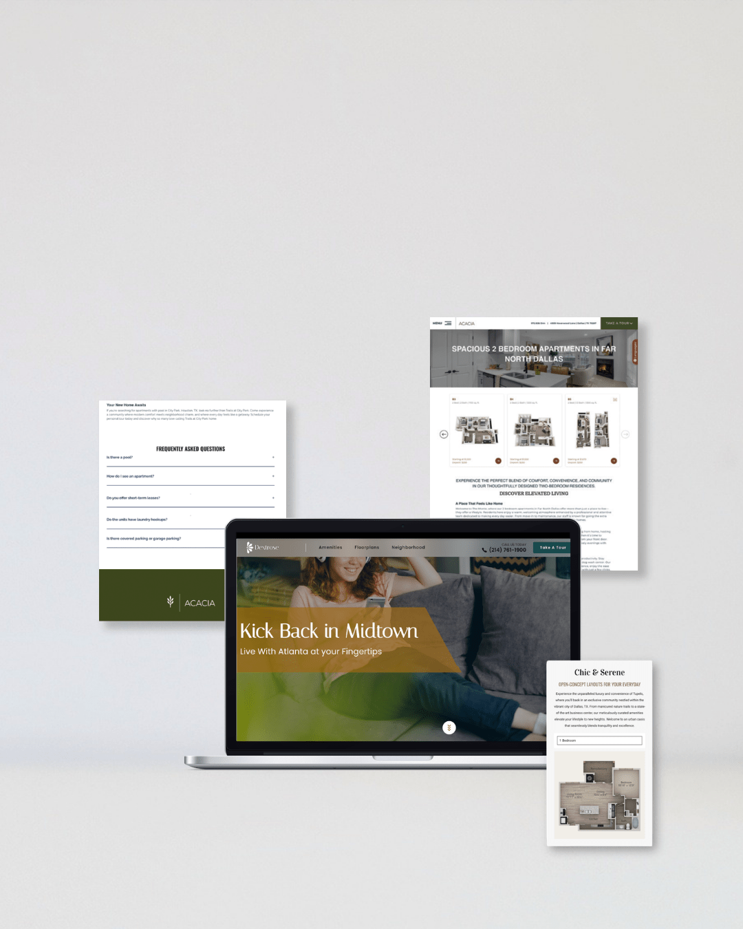 Swifty apartment website shown on laptop and pages with optimized content for a Midtown community