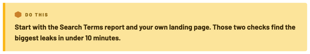 Callout: start a Google Ads audit with the Search Terms report and your own landing page