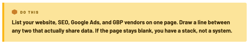 Callout: list your website, SEO, Google Ads and GBP vendors on one page and see which share data