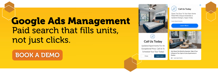 Banner for Google Ads management with sample ad mockups and a Book a Demo button