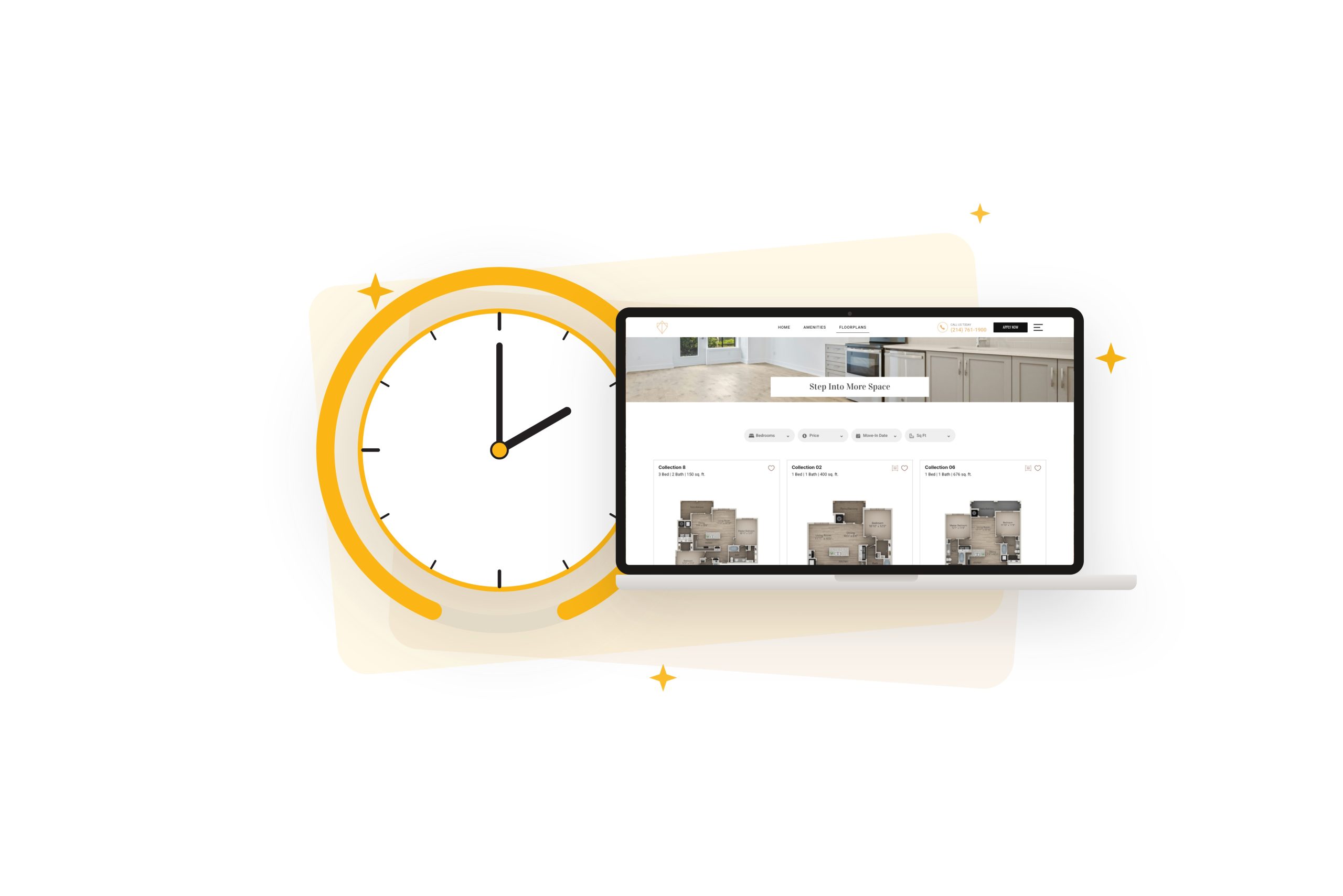 Clock beside a laptop showing an apartment website, representing hours saved on updates