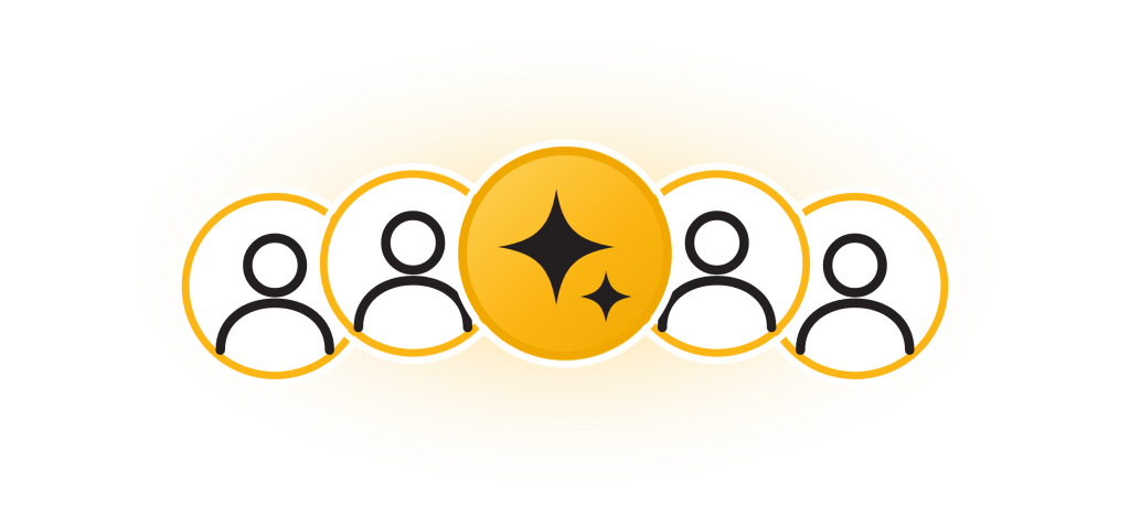 Row of people icons with a gold AI sparkle at the center