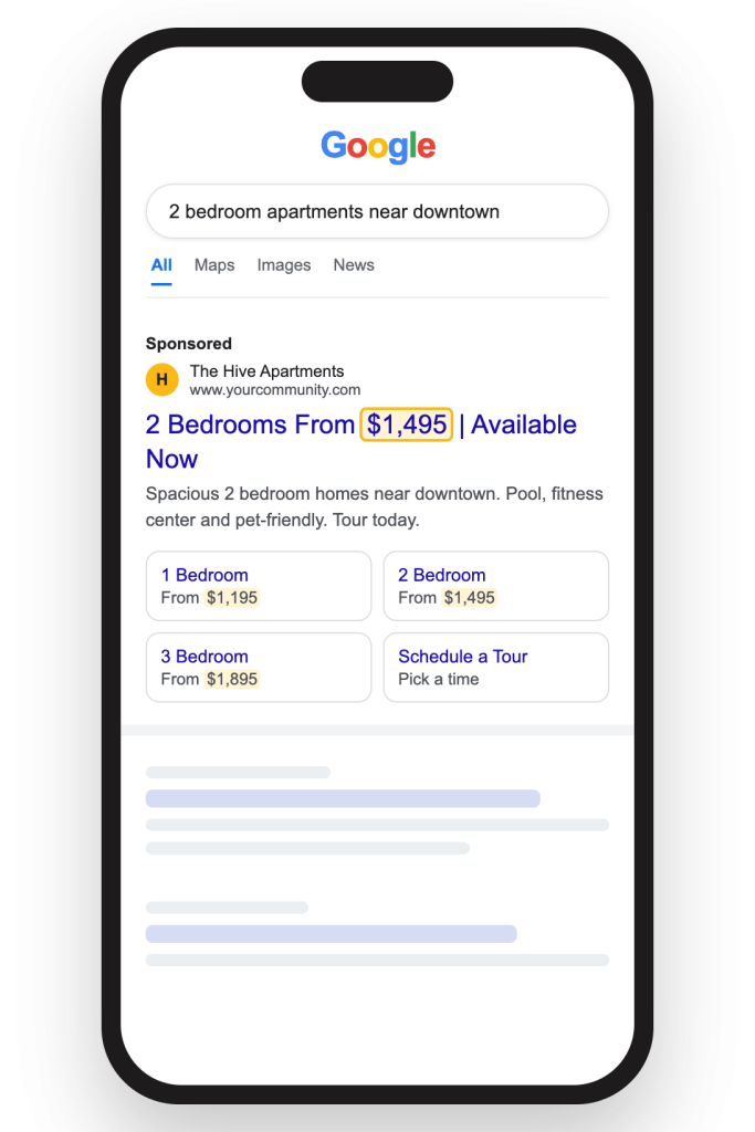 Google search ad for an apartment community showing floor plan prices