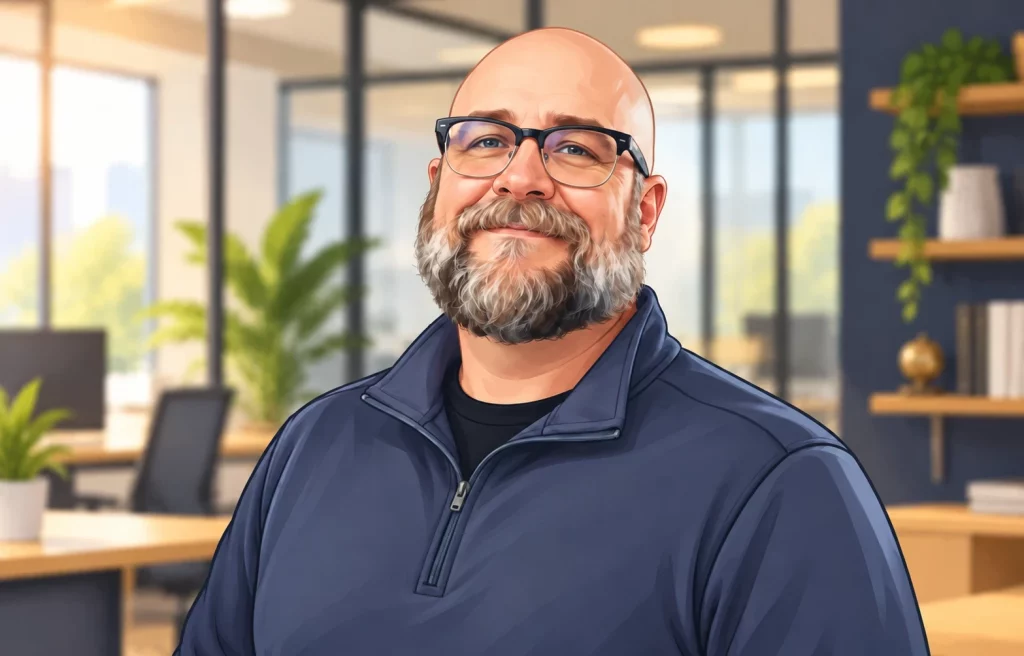 Illustration of Patrick McCall of the Swifty team, smiling in a navy quarter-zip in an office