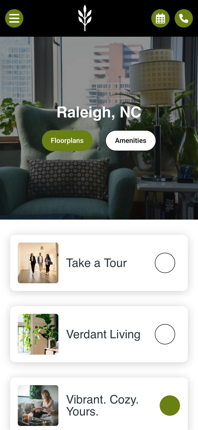 Acacia demo apartment website on a phone, with Floorplans and Amenities buttons