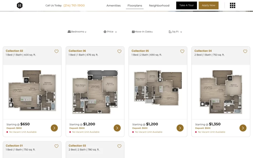 Floor plans page on a Swifty site with starting prices updated daily